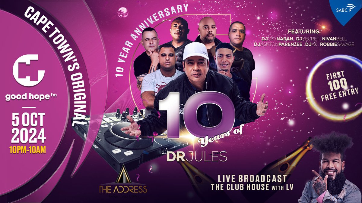 GoodHopeFM's tweet photo. Celebrate 10 years of @djdrjules and #DoctorsInTheHouse this October at #TheAddress in Athlone! 🎉
Amazing DJs, live broadcast, and the first 100 get in free!
Don’t miss out!
Doors open at 20h00.
#10YearsOfDrsInTheHouse https://t.co/s932IV0KWp