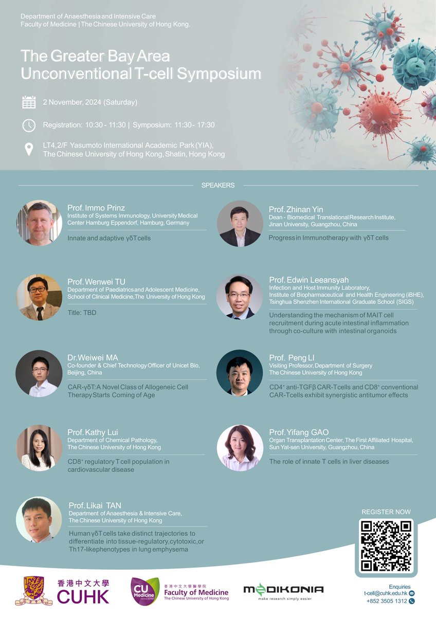 likai_tan's tweet photo. We are thrilled to announce that we will the Greater Bay Area Unconventional T-cell Symposium in Hong Kong!  @CUHKMedicine 
Time: 11:30 – 17:30, November 2, 2024
Free registration:
https://t.co/5PtoVIVEct
Location: LT4, 2/F, Yasumoto International Academic Park, CUHK https://t.co/mXIApicDXF