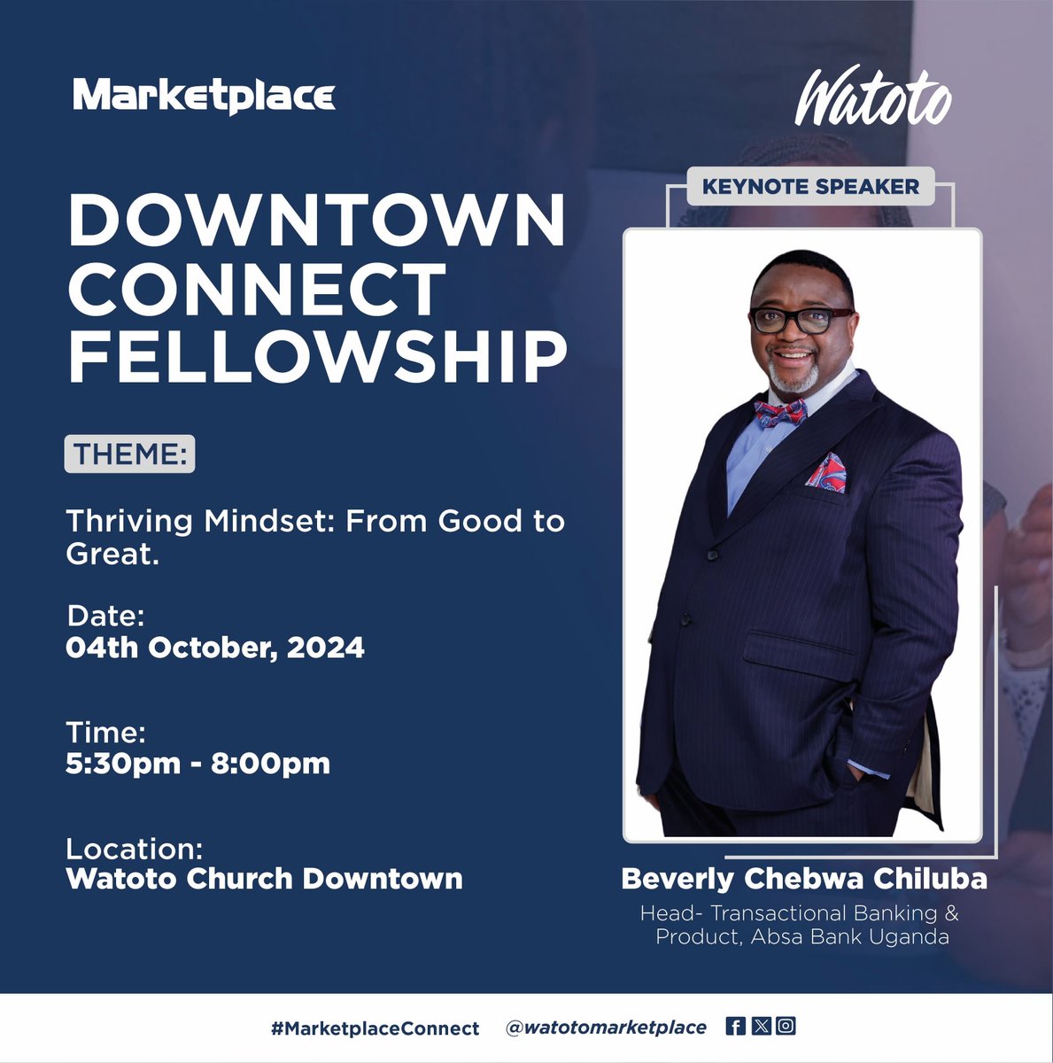 WatotoMPM's tweet photo. Introducing WC Downtown's Keynote Speaker - 

He is a seasoned transactional banker with over 29 years of post-qualification experience supporting multi-country projects. Mr Chiluba is a certified product manager with pan-African experience supporting multiple sectors and client segments.  

Some of the roles he has undertaken have been;
1️⃣ Head – Transactional Banking & Products, Absa Bank Uganda
2️⃣ Pan African Product Lead, Africa Regional Office, Absa Bank South Africa
3️⃣ Product Manager- Northern Cluster- Rest of  Africa, Barclays Africa  
4️⃣ Payments Product Lead, Corporate Banking, Absa Bank South Africa 
5️⃣ Head Cash Management , Barclays Bank Zambia PLC
 
Event Time: 4th October 2024
Starts at 5:30pm
Venue: Watoto Church 

#Connectfellowships #watotochurch #marketplaceministry