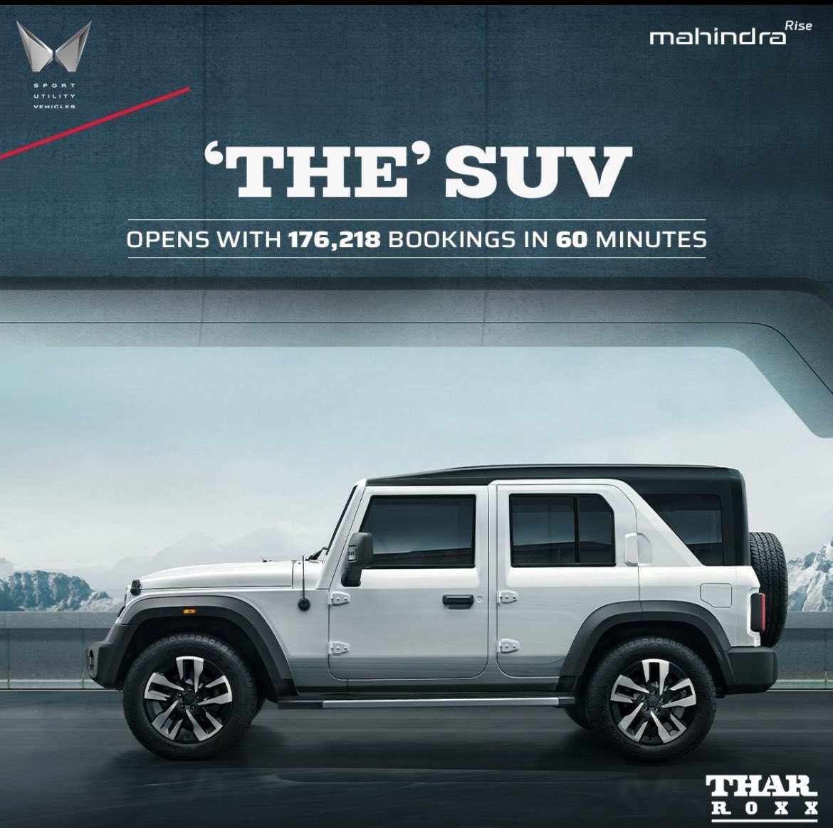 BmplMahindra's tweet photo. The Thardom grows. #TharROXX gets 176,218 bookings in 60 minutes. Bookings are now open! Visit https://t.co/YlB9my1CHs to book yours.

#ExploreTheImpossible #THESUV https://t.co/vYD6lKxEPY