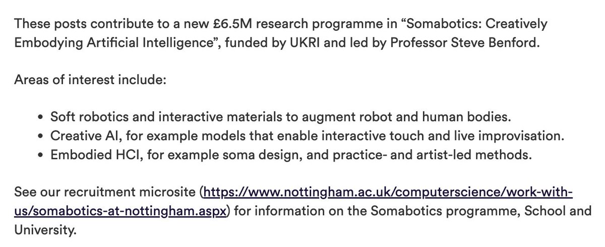 Steve Benford is hiring 3 Assistant Professors to align with his Somabotics fellowship, on: meaningful embodied human interaction with robotics and AI. 

Read more: jobs.nottingham.ac.uk/vacancy.aspx?r… 

These new hires would join <a href="/TheOfficialMRL/">Mixed Reality Lab</a> <a href="/UoNComputerSci/">Computer Science, Uni of Nottingham</a> <a href="/UniofNottingham/">Uni of Nottingham #WeAreUoN</a>