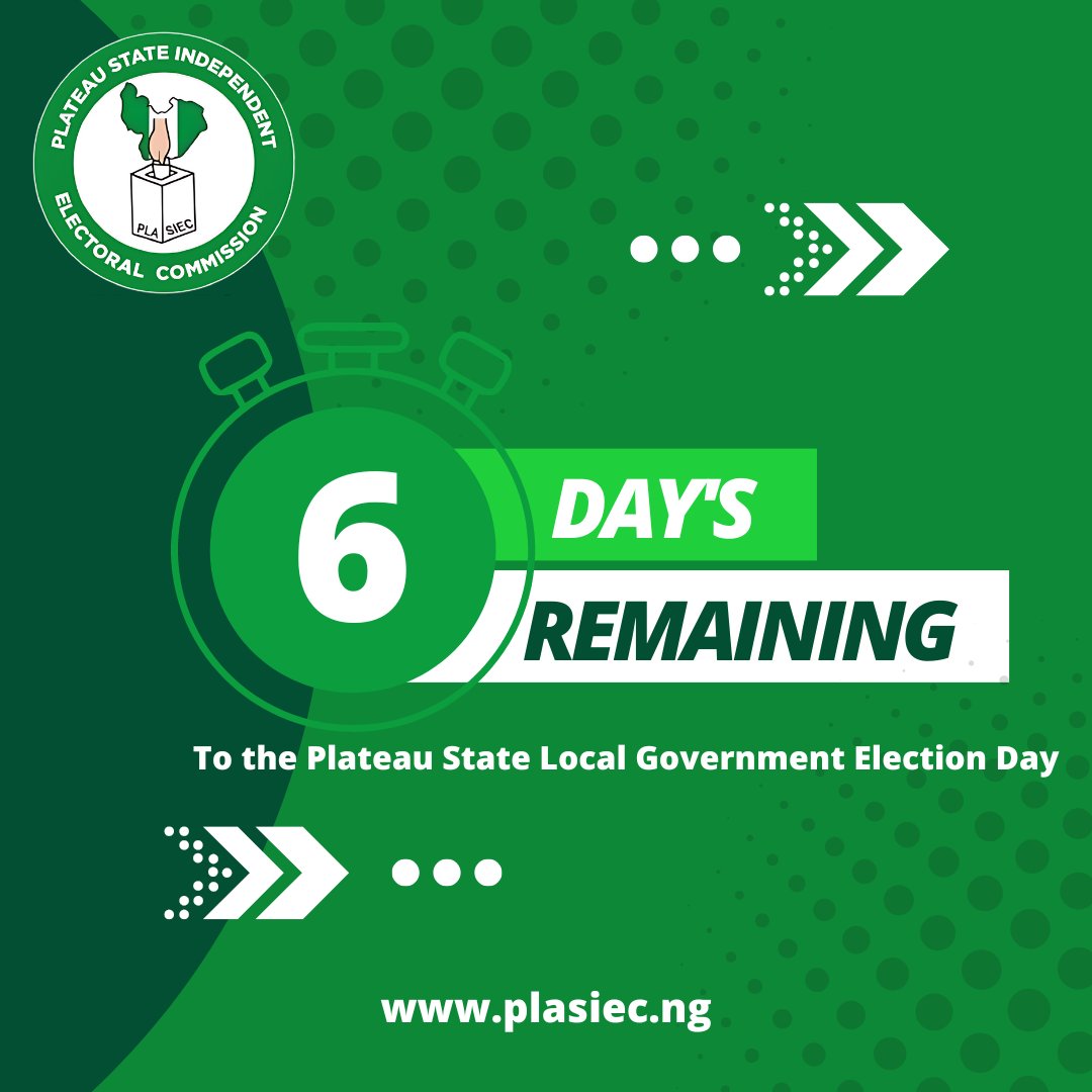 plasiecorg's tweet photo. 6 DAYS to go! 🗳️ The Plateau State Local Government Election is almost here! Stay informed, get involved, and prepare to cast your vote. Every vote counts in shaping the leadership we deserve!

#PLASIEC #VoteForChange #PlateauStateDecides #6DaysToGo https://t.co/R363drdNOX