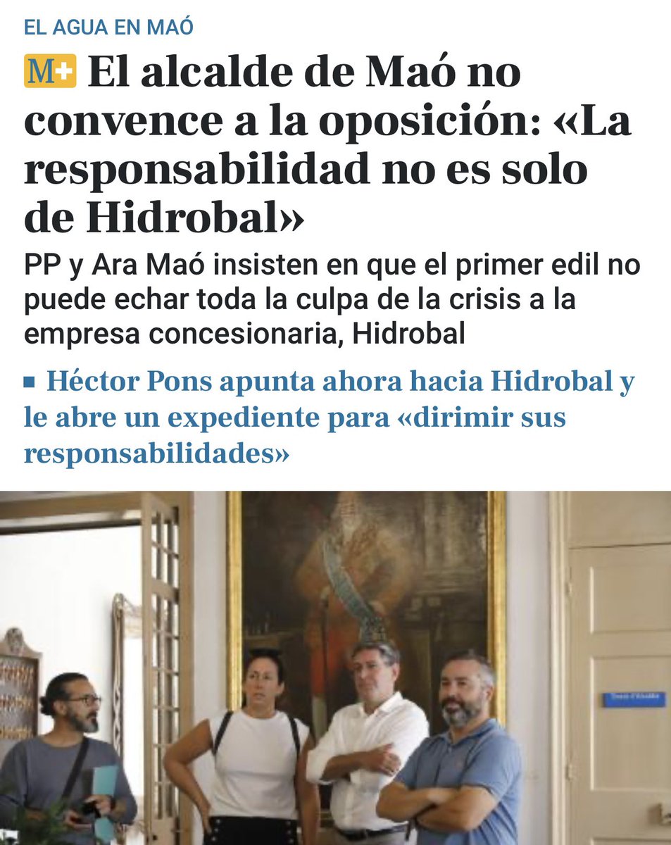 ppmenorca's tweet photo. 🥀El método Héctor Pons: matar al mensajero.

Echar la culpa a todos, primero a la funcionaria y luego a la empresa, por la crisis del agua. 

¿Piensa asumir alguna responsabilidad como alcalde o se seguirá aferrando al sillón? 🪑 https://t.co/c5EWfE92HF