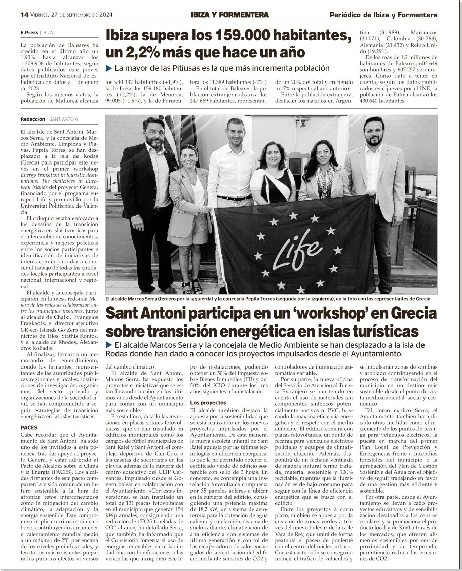 GeneraProject's tweet photo. 🗞️Exciting news! The Genera Project is featured in the Ibiza & Formentera newspaper! 🎉
Thanks to @sant_antoni , Mayor Marcos Serra and Councilor Pepita for their commitment to the energy transition in tourist islands. 💡🌱
#GeneraProject https://t.co/L3StmQ8Vhs