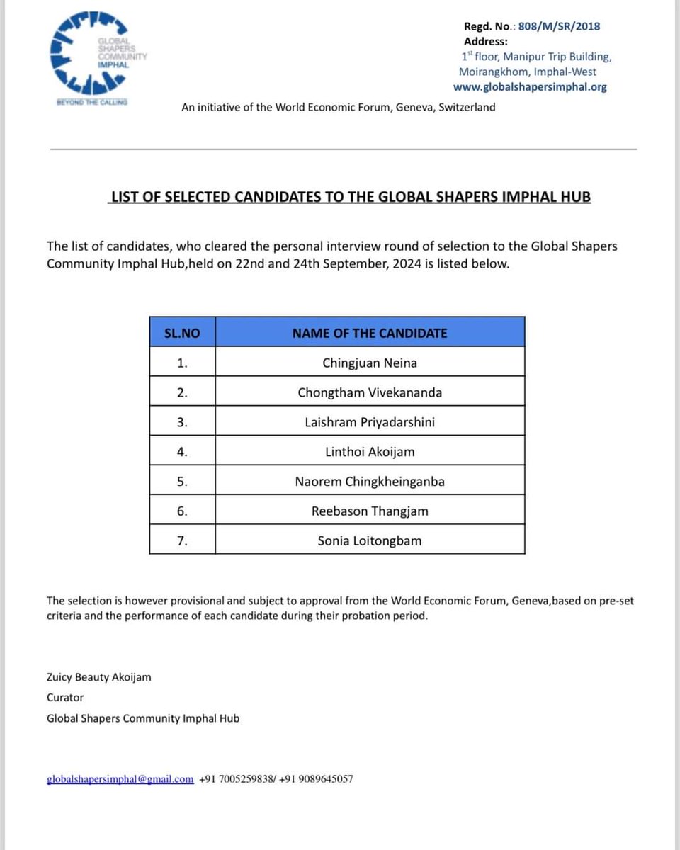 We are excited to welcome the newest members to our Shapers community!  
A huge congratulations to the seven selected individuals!  

.
#GlobalShapers #GlobalShapersImphal #Manipur #recruitment