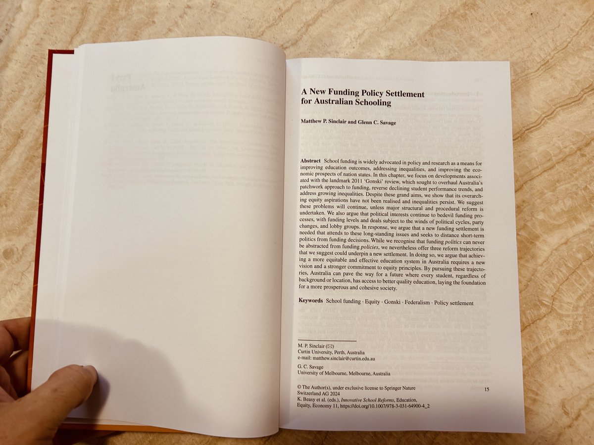 The September 30 deadline for the eastern states to sign onto the federal government’s school funding agreements for 2025 onwards passed this week. The arrival of our chapter in printed form today, which calls for a new funding settlement, feels extra timely @glenncsavage.