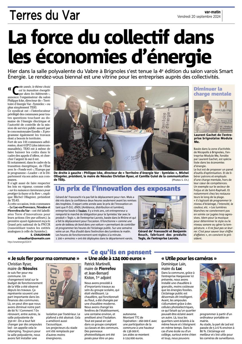 [🗞️]  Retrouvez l'article de <a href="/VMdraguignan/">Var-matin Draguignan-Brignoles</a> du 20/09/2024 sur le Salon Smart Énergie organisé par <a href="/TE83Sym/">Territoire d'énergie Var - Symielec</a> 
👉 te83.fr/revue-de-press…