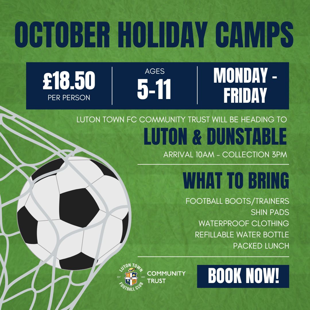 LutonTownCT's tweet image. Booking is now live for our October Holiday Camps! We will be coming to Luton and Dunstable⚽️
 
All children between the ages of 5 – 11 are invited to join us. Our camps provide the perfect place for young people to improve their football skills and make new friends in a fun,…