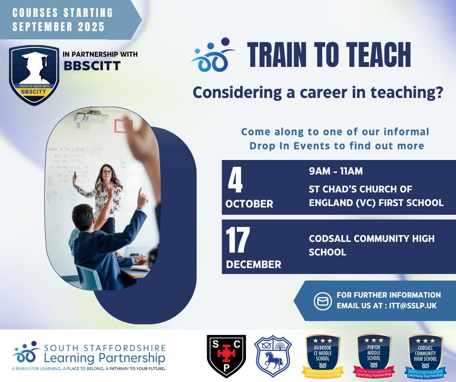 Just a reminder that our Train to Teach informal drop-in event is tomorrow. This is a great opportunity to come by, chat, and discuss any questions you may have if you're considering a career in teaching. We look forward to seeing you there!