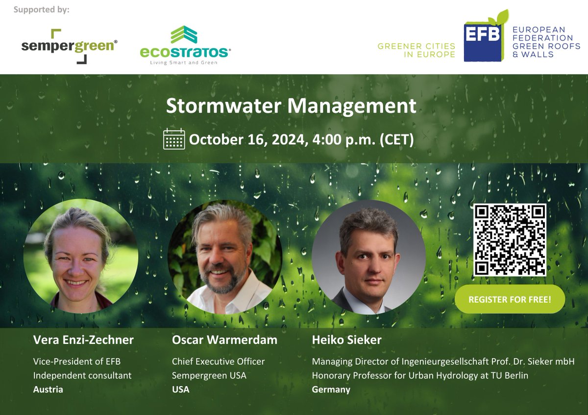 Join our upcoming EFB webinar 🌧️"Stormwater Management"🌍 on 16.10.2024 at 16:00 CET with Vera Enzi-Zechner (Austria), Prof. Dr.-Ing. Heiko Sieker (Germany), anf Oscar Warmerdam (USA)
🗓️Register here : 
lnkd.in/d89-Shm6

Sponsors:
🌱 Ecostratos 
🌿 Sempergreen Group 

✨