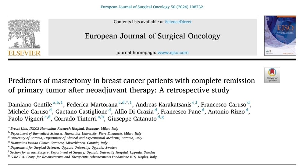 Damiano Gentile (@damianogentile2) on Twitter photo New collab study! 🩺 We explored surgical choices in #BreastCancer #patients with ypT0 after neoadjuvant therapy
#Tumor size on #MRI & focality on US were key predictors of #mastectomy 📊
BCS led to longer event-free survival! 💪
<a href="/GFCatanuto/">Giuseppe F.</a> <a href="/KarakatsanisA/">Andreas Karakatsanis (he/him)</a> <a href="/ejsotweets/">European Journal of Surgical Oncology</a> New collab study! 🩺 We explored surgical choices in #BreastCancer #patients with ypT0 after neoadjuvant therapy
#Tumor size on #MRI & focality on US were key predictors of #mastectomy 📊
BCS led to longer event-free survival! 💪
<a href="/GFCatanuto/">Giuseppe F.</a> <a href="/KarakatsanisA/">Andreas Karakatsanis (he/him)</a> <a href="/ejsotweets/">European Journal of Surgical Oncology</a>