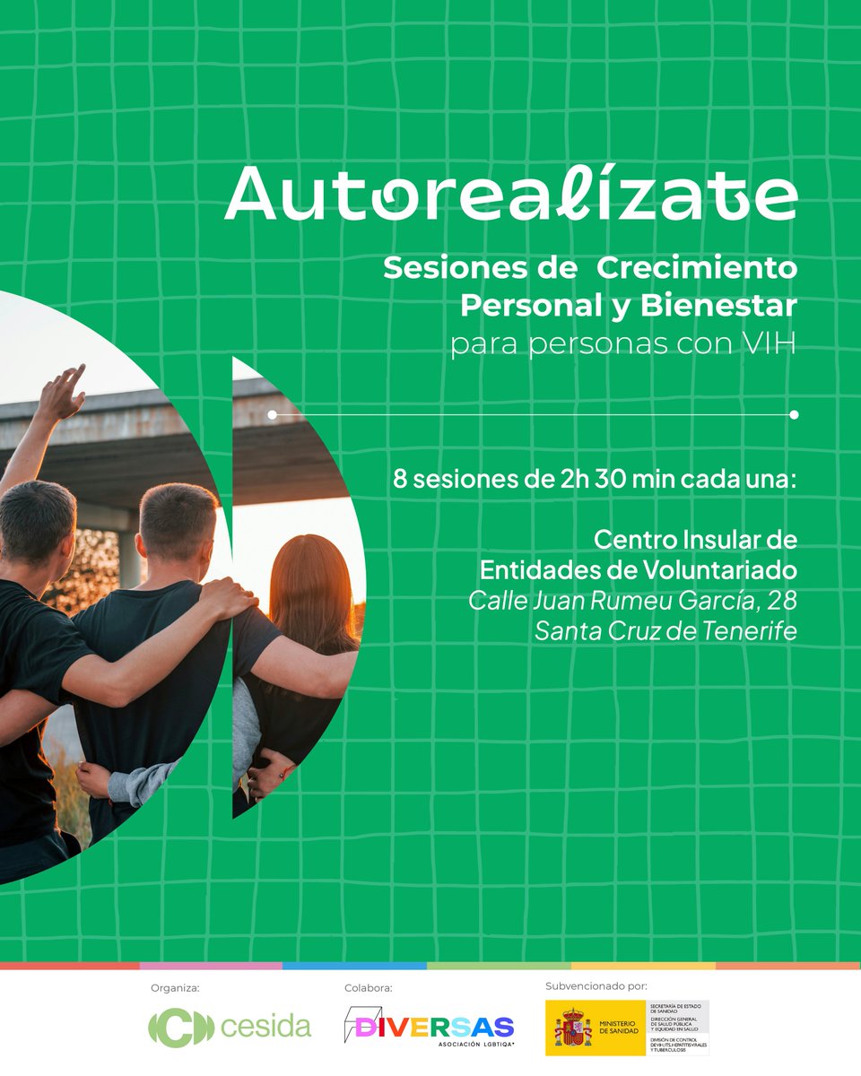 diversaslgbti's tweet photo. 🤝 Desde el prox 9 de octubre y hasta el martes 12 de noviembre estaremos llevando a cabo sesiones de crecimiento personal y bienestar para personas con VIH en el Centro Insular de Entidades del Voluntariado en Santa Cruz de Tenerife.

Inscríbete en: https://t.co/3UQxTco614 https://t.co/gsme075Txg
