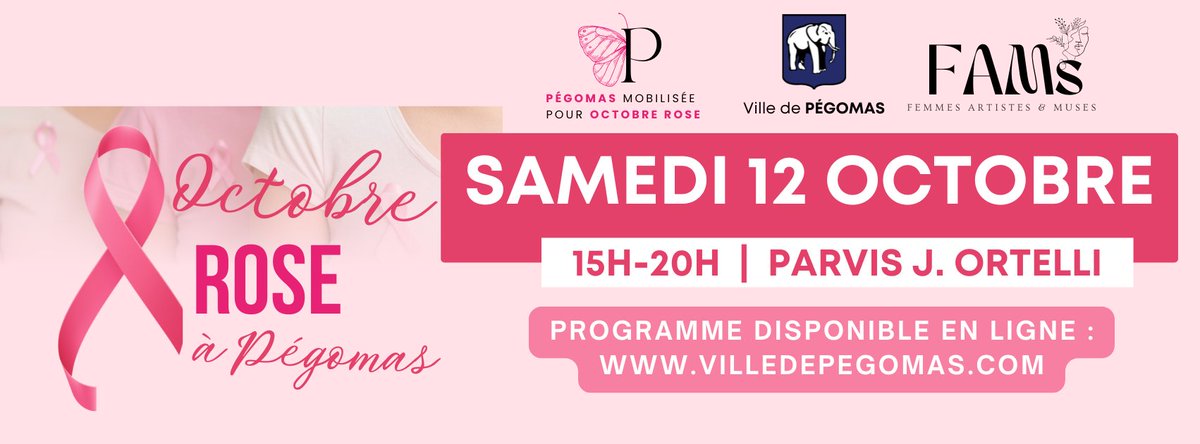 🚴‍♀️💗 Octobre Rose à #Pégomas !
Rendez-vous ce samedi 12 octobre à 15h sur le Parvis J. Ortelli pour une journée solidaire. Au programme : Balade à vélo, animations, stands d'information et de prévention 🎗️, jeu avec lots à gagner... 

Ensemble, mobilisons-nous ! 
#OctobreRose