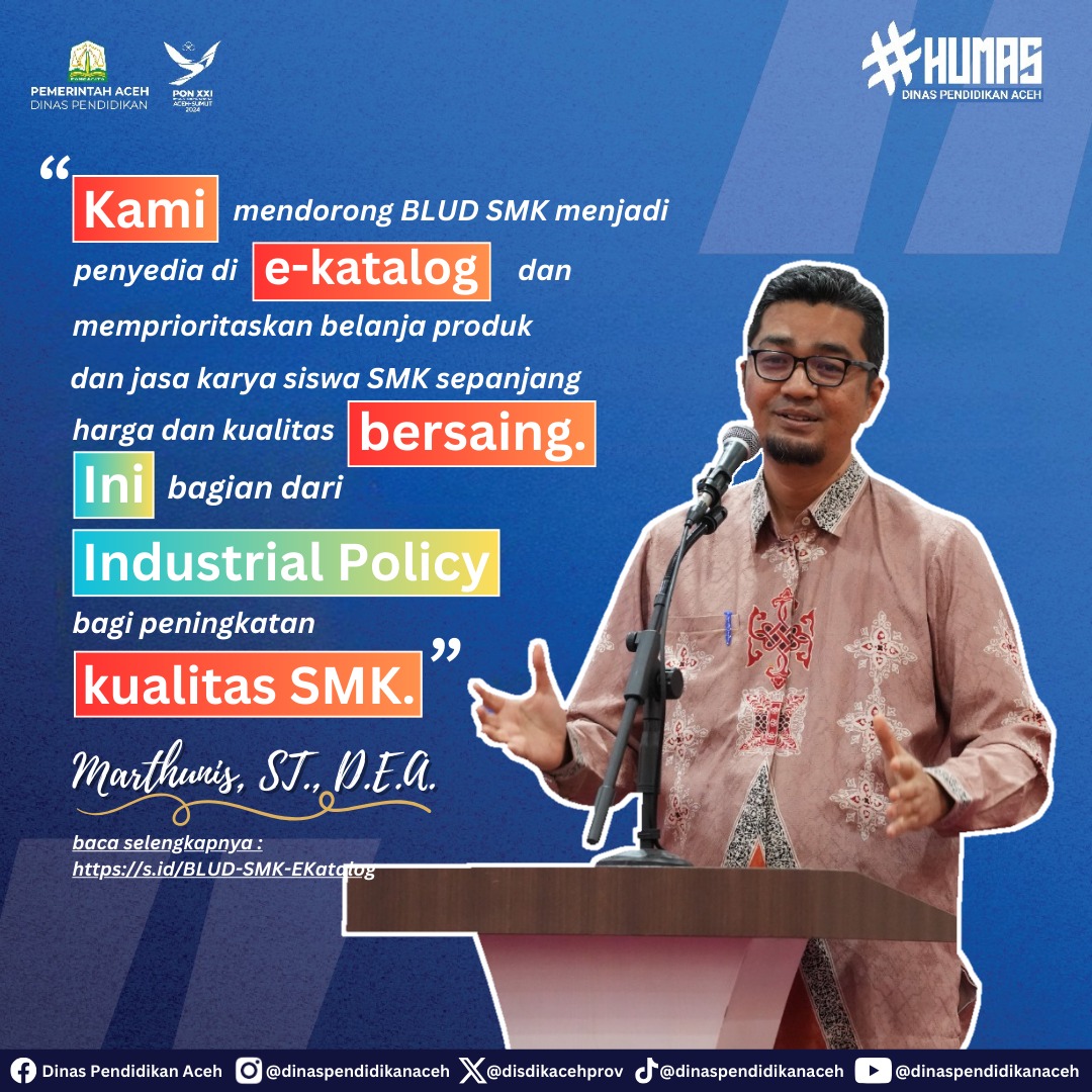 disdikacehprov's tweet image. 💡 Disdik Aceh dorong BLUD SMK jadi penyedia di e-Katalog lokal!
SMK tak hanya tempat belajar, tapi juga pusat produksi yang siap bersaing. Produk &amp;amp; jasa karya siswa SMK dengan harga dan kualitas terbaik, siap masuk pasar! 💼
#SMKHebat #AcehBerinovasi #Ecatalog #PendidikanVokasi
