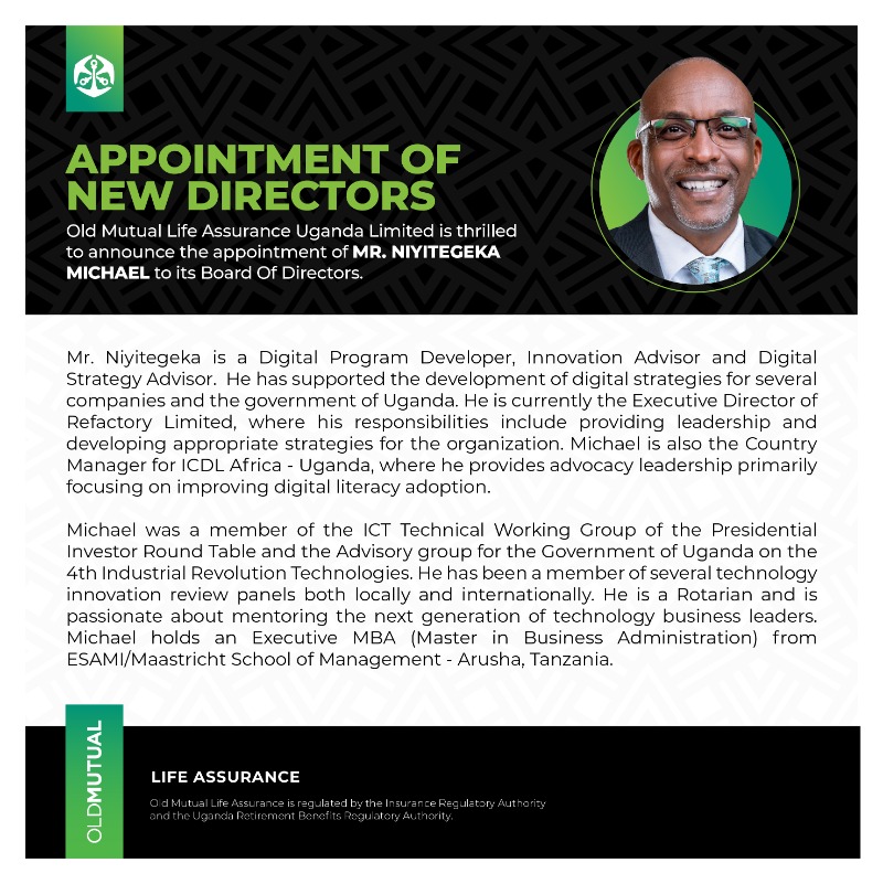 OldMutualUganda's tweet photo. Join us in welcoming 4 new directors to the Old Mutual Life Assurance Board of Directors! We’re excited to grow and benefit from their wealth of expertise, which will strengthen our mission to deliver financial security and innovative solutions to our clients. 

 #TutambuleFfena