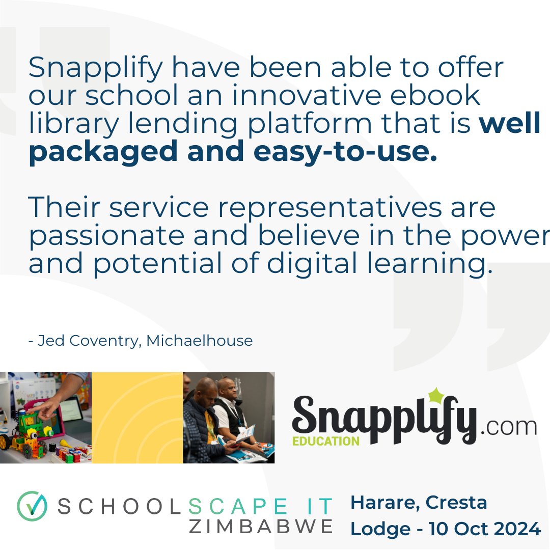 We're thrilled to have <a href="/Snapplify/">Snapplify</a>  as event sponsor for Schoolscape IT in Zimbabwe. Their steadfast dedication to supporting schools with excellence is what truly sets them apart! 

Join us for Schoolscape IT in Zimbabwe!
Buy your ticket👉 schoolscape.co.za/event/zimbabwe/