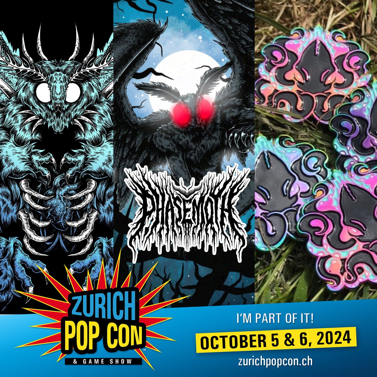 PhaseMoth's tweet photo. YO - I'm flying to Zurich tomorrow to exhibit in the artists alley at @zurichpopcon !

This'll be my first time visiting this event, and I have no idea what to expect but I'm so excited.💀

If you're looking for horror and alternative fantasy art, pop over to Booth 215 in Hall 2! https://t.co/K9xsKEJXfc