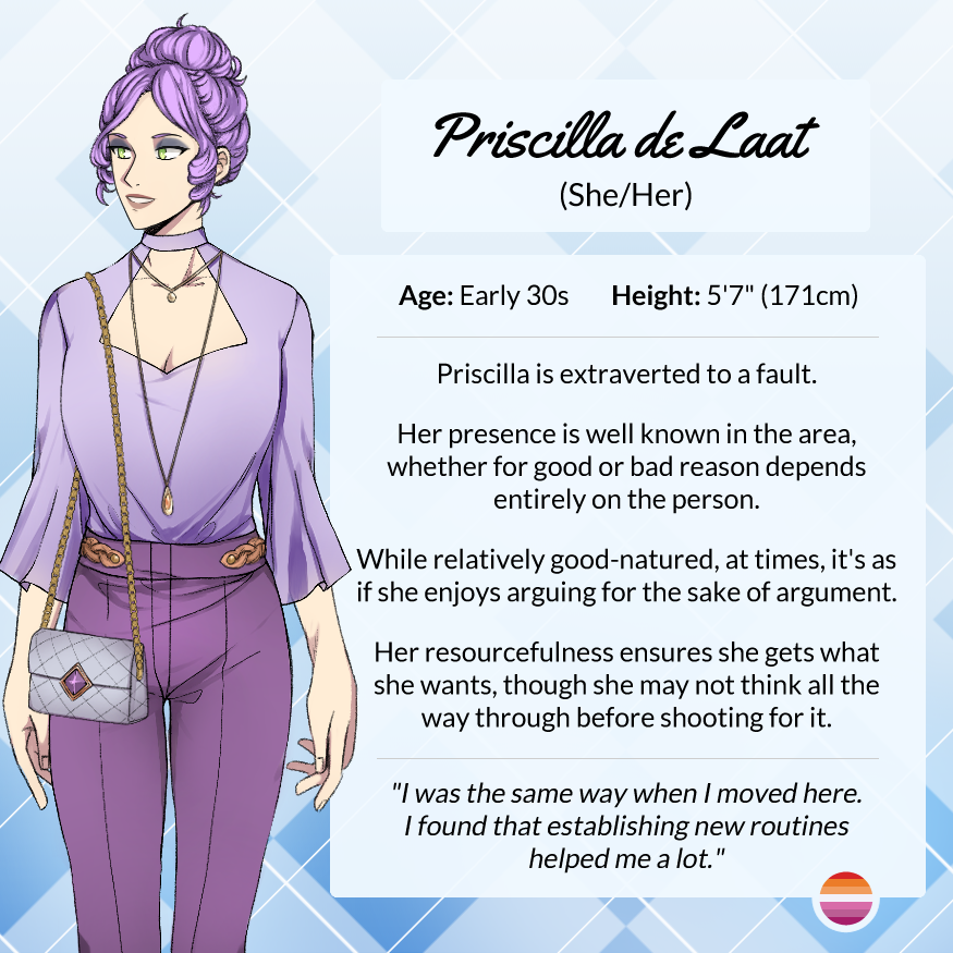 HarmonyFrontier's tweet image. Introducing... Priscilla de Laat! 📈📌

Co-owning a café and bakery with her wife, Bente, Priscilla is determined to excel in the business side of the trade.

#SoPVN #characterintro #indiedev #vndev