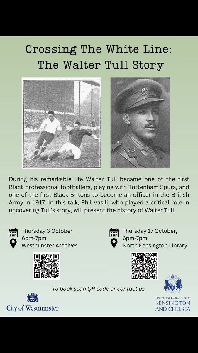 Tonight, 3 October a talk/ discussion about Walter Tull
at Westminster Archives 6.30-7.30. All welcome