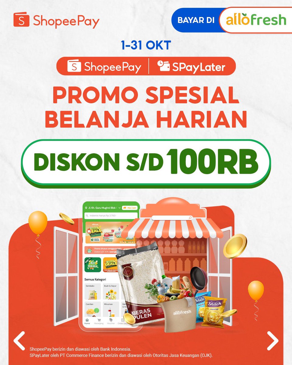 ShopeePay_ID's tweet photo. Jangan dulu belanja kalau nggak pakai promo ini!
Promo online merchant hadir lagi dengan cashback s/d 100RB untuk promo spesial Oktober.
Cek promonya dan jangan lupa untuk melakukan pembayaran dengan ShopeePay dan SPayLater ya! #ShopeePay #SPayLater
#PromoShopeePay #PromoSPayLater