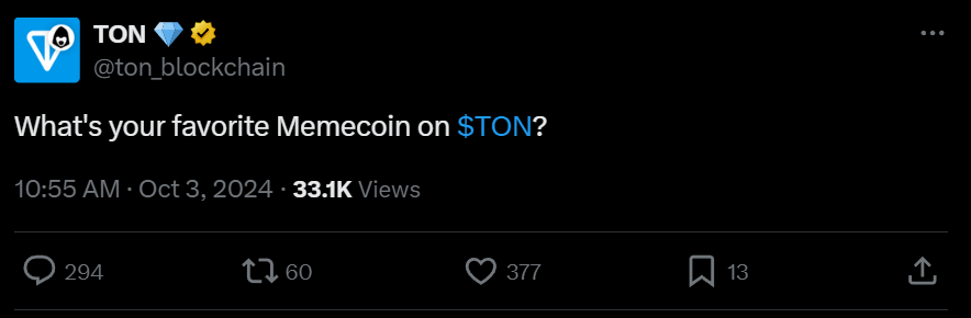 When such a tweet happens from the official $TON account then you know that's something has shifted in the troubled tap minds of <a href="/ton_blockchain/">TON 💎</a> team...

They are now starting to understand that supporting the meme coin ecosystem is the only way to grow the chain in all aspects!