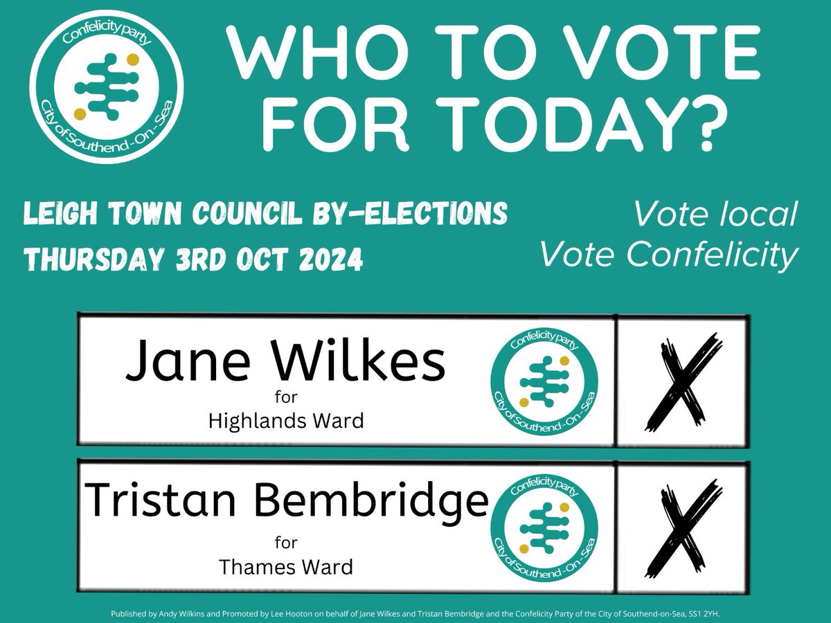 Today is the by-election polling day for <a href="/LeighTCEvents/">Leigh TC Events</a>. If you live in #HighlandsWard or #ThamesWard, please go and vote for #JaneWilkes or <a href="/VIRTUAL_TRIS/">Tristan's 🧻🚽 BLOG ROLL 🇬🇧🇮🇱</a>. Both are worthy of your votes today. 
#VoteLocal #VoteConfelicity