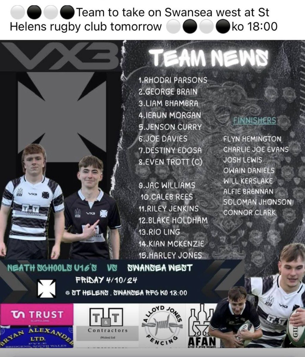 Team to play Swansea West at St Helens Friday 4th October. Kick Off 6pm.