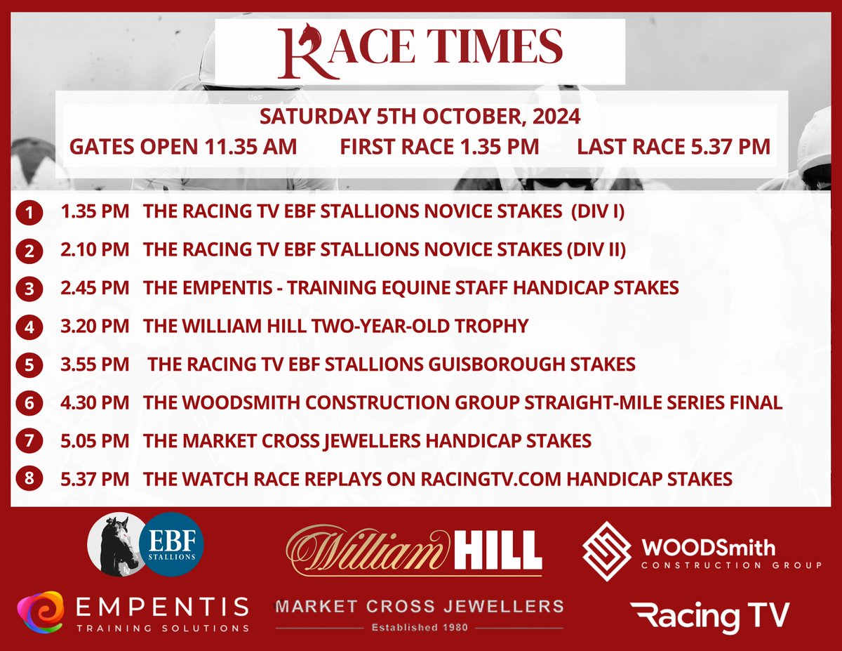 We now have 8 races for our <a href="/WillHillRacing/">William Hill Racing</a>  Two-Year-Old Trophy day this Saturday, 5th October.
Gates open 11.35am, 1st race 1.35pm, last race 5.37pm.
Entry from £8 on the day (concessions available)
Save ££ when you buy in advance.
Book now:➡️ shorturl.at/4Y9Tq