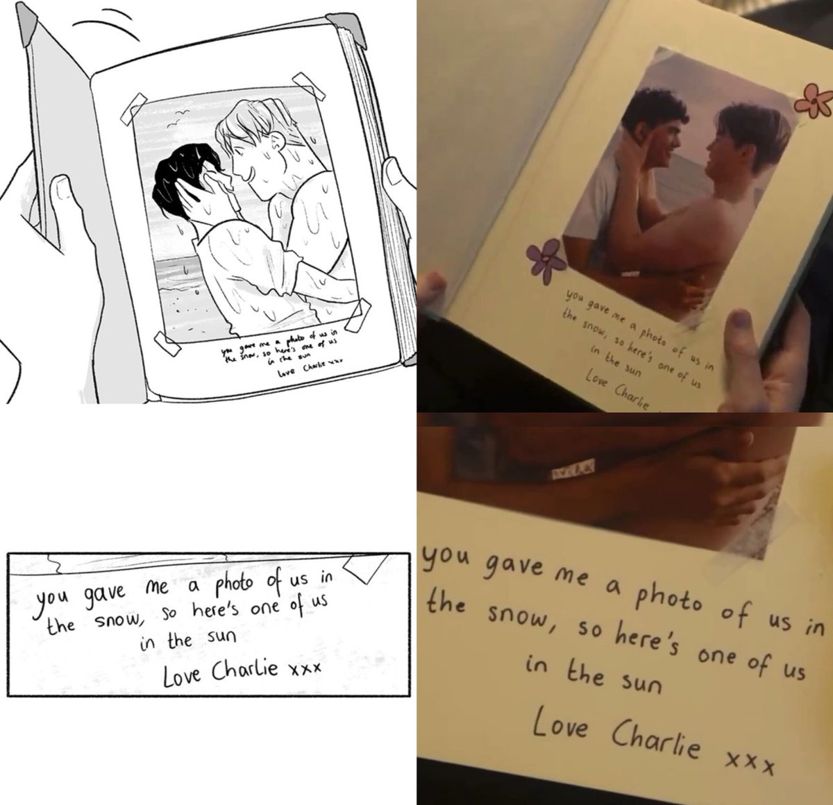 luvheartstopper's tweet photo. ‼️heartstopper season 3 spoilers‼️

“you gave me a photo of us in the snow, so here’s one of us in the sun. love charlie xxx” https://t.co/sWpguljoxf