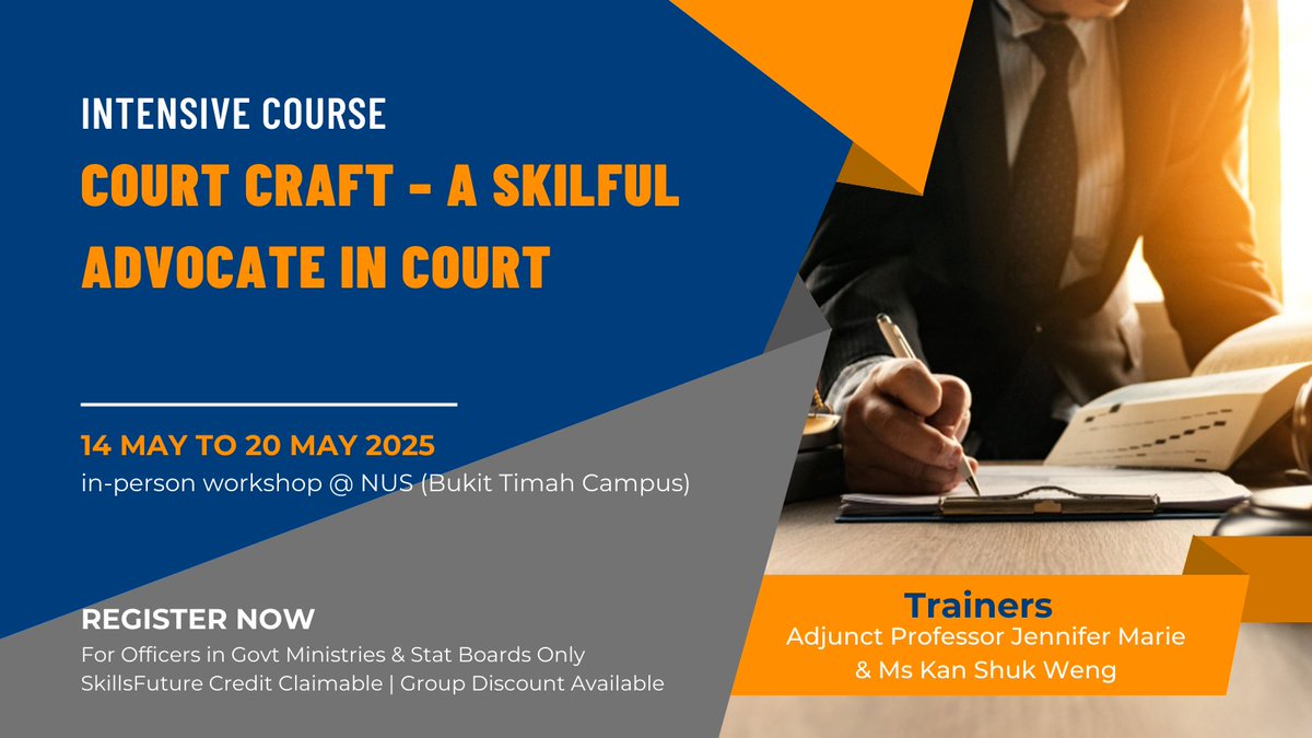 This 5-day intensive workshop, intended for officers working in Government Ministries &amp; Statutory Boards involved in prosecutorial work, aims to equip participants with essential skills to be confident and persuasive advocates in the courtroom.

Apply at: t.ly/duEAv