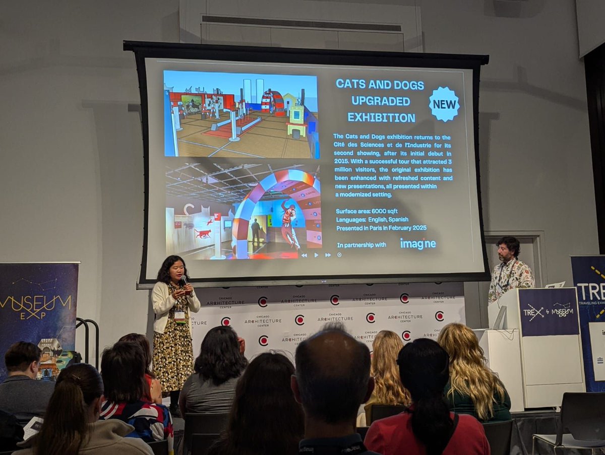 universcience's tweet image. At the TREX Forum, Hélène Wang from @Universcience gave an impressive 90-second presentation on our touring exhibition Cats &amp;amp; Dogs, which will be back in 2025 with 13 brand new exhibits! Stay tuned for more info! 🐾✨  #ASTC2024 #Traveling #Exhibitions @ScienceCenters