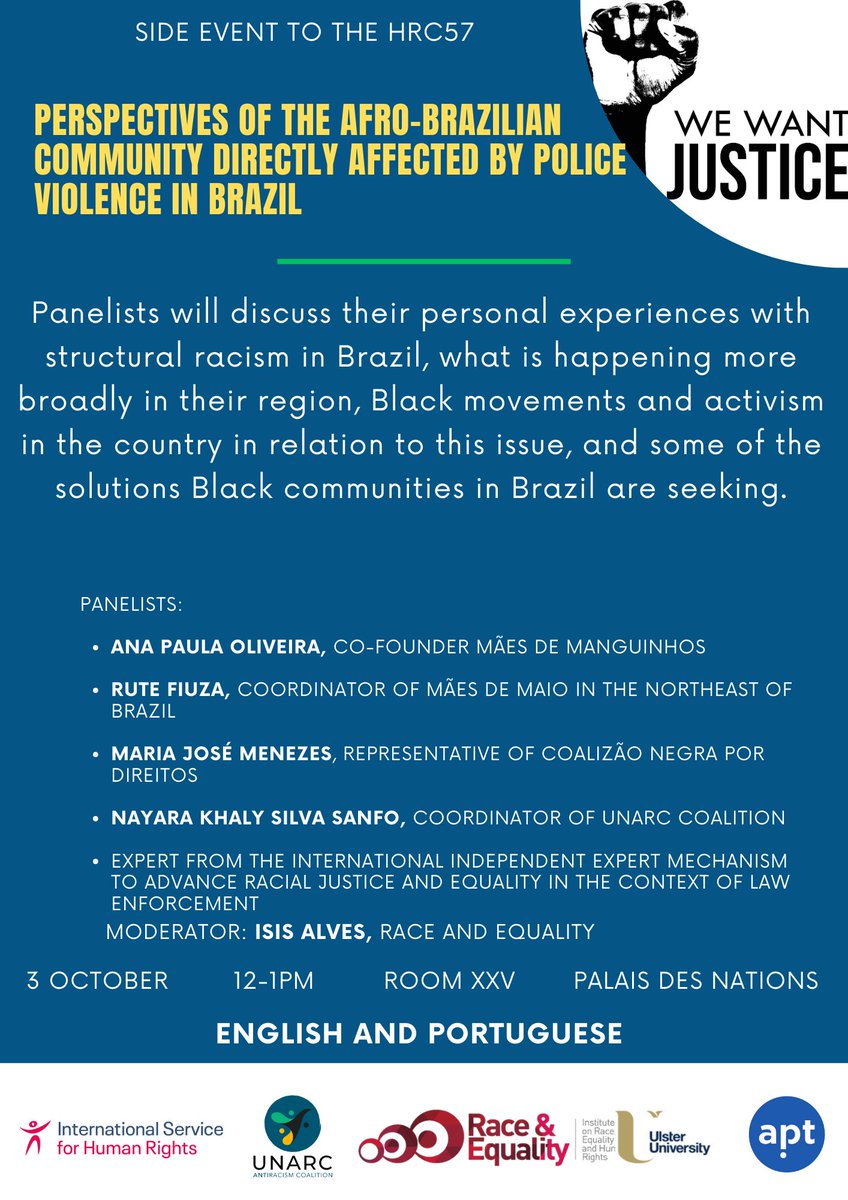 apt_geneva's tweet image. Colleagues in Geneva, join us for this important discussion on structural racism in Brazil and the potential solutions. Starting shortly. 
ow.ly/CQFf50TAWL2