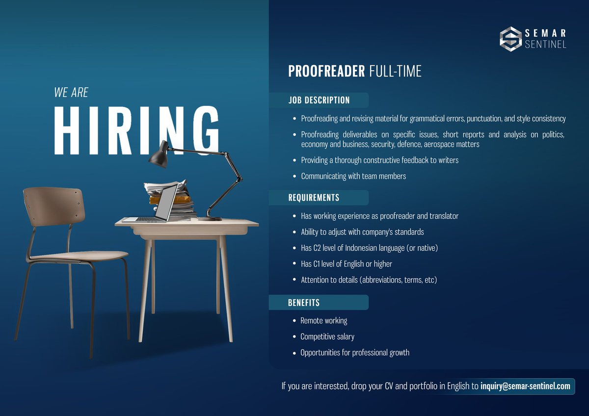 SemarSentinel's tweet image. 🚨JOB VACANCY🚨

Semar Sentinel is looking for a Proofreader and Graphic Designer Intern.

If you are interested, send us your CV and let&apos;s be part of our team!

#oprec #openrecruitment #jobopportunities #loker #lokerindonesia #internship #fulltime #proofreader #graphicdesigner