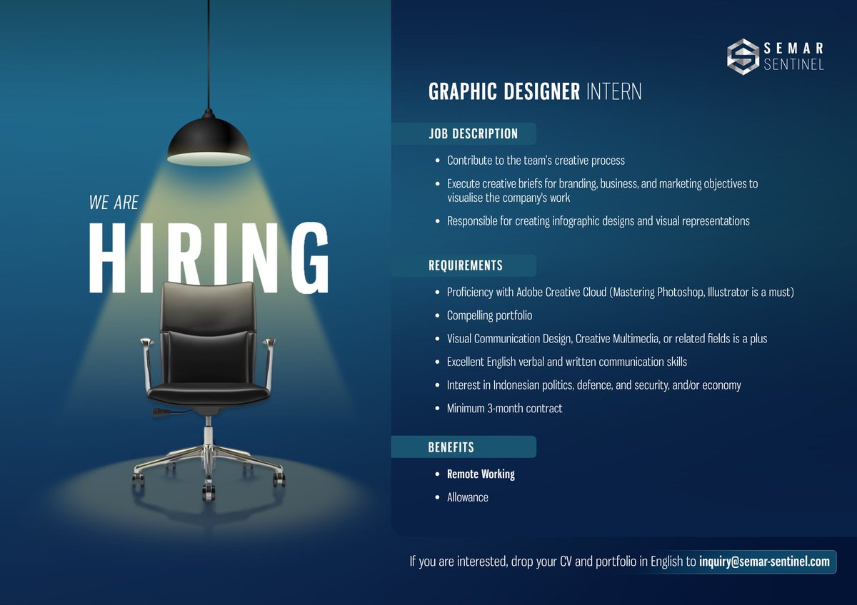 SemarSentinel's tweet image. 🚨JOB VACANCY🚨

Semar Sentinel is looking for a Proofreader and Graphic Designer Intern.

If you are interested, send us your CV and let&apos;s be part of our team!

#oprec #openrecruitment #jobopportunities #loker #lokerindonesia #internship #fulltime #proofreader #graphicdesigner