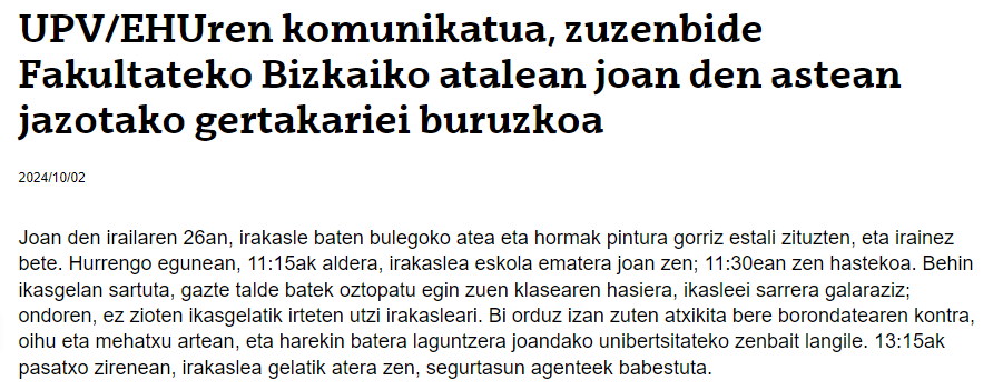 EHUk ez ditu irakasleak egindako adierazpen misogino, faxista, arrazista, klasistak... fokuan jarri. Edozein aitzaki baliagarria zaie ikasle mugimendua kriminalizatzeko. Lotsagarria.
