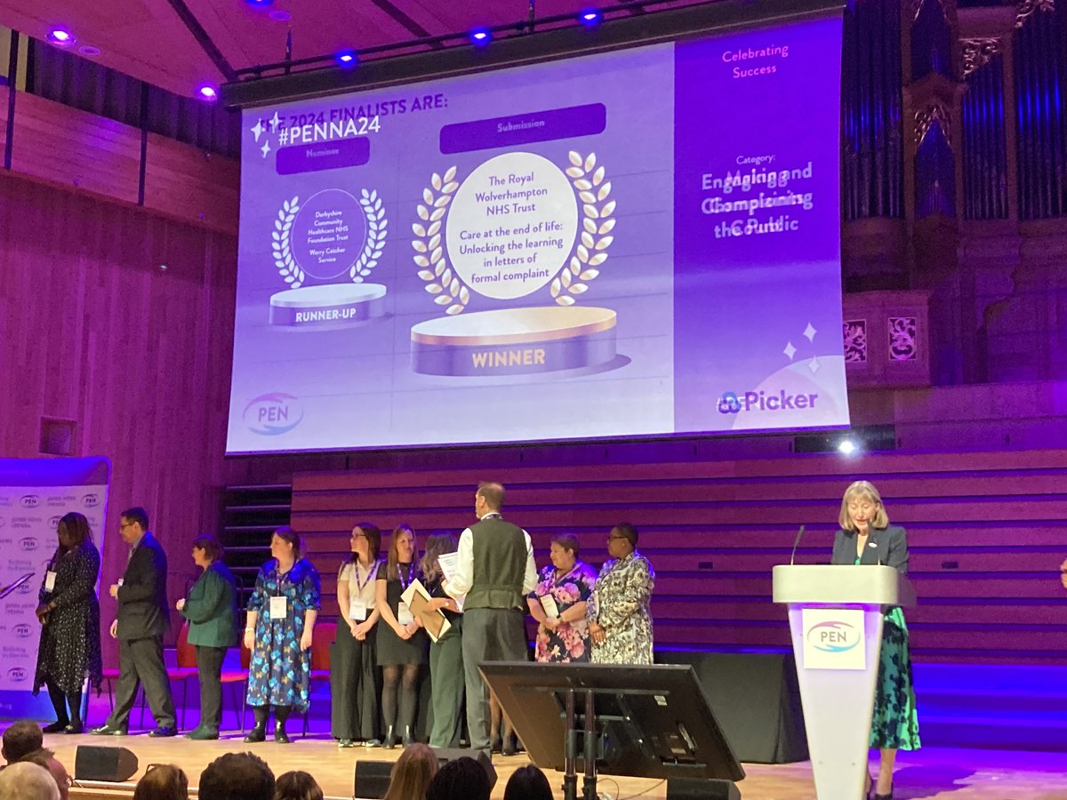 Congratulations to the finalists of the #MakingComplaintsCount award at #PENNA24 <a href="/NHSBartsHealth/">Barts Health</a> <a href="/DCHStrust/">Derbyshire Community Health Services NHS FT</a> <a href="/LeedsHospitals/">Leeds Teaching Hospitals</a> and to the winners <a href="/RWT_NHS/">The Royal Wolverhampton NHS Trust 🏥</a> for their work to use learning from complaints to improve end of life care 🏆 

#PatExp