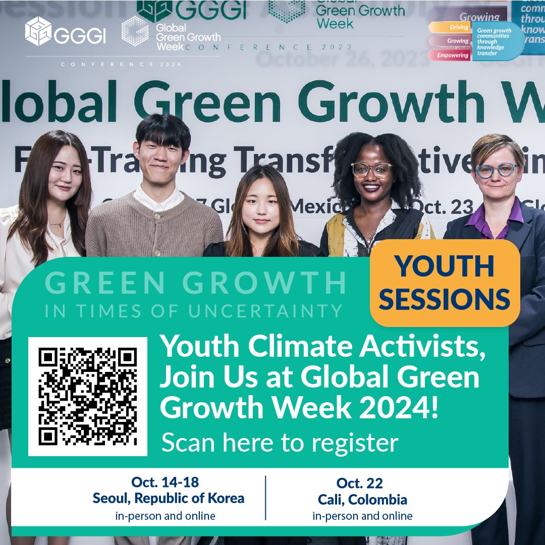 💚 Excited about #GlobalGreenGrowthWeek? 🌱Young leaders, this is your chance! Join us for two youth-focused sessions on how to drive global sustainability &amp; inclusive green growth.

📅 Seoul: Oct 14-18 l Cali: Oct 22, 2024
 👉Register: bit.ly/GGGWeek2024