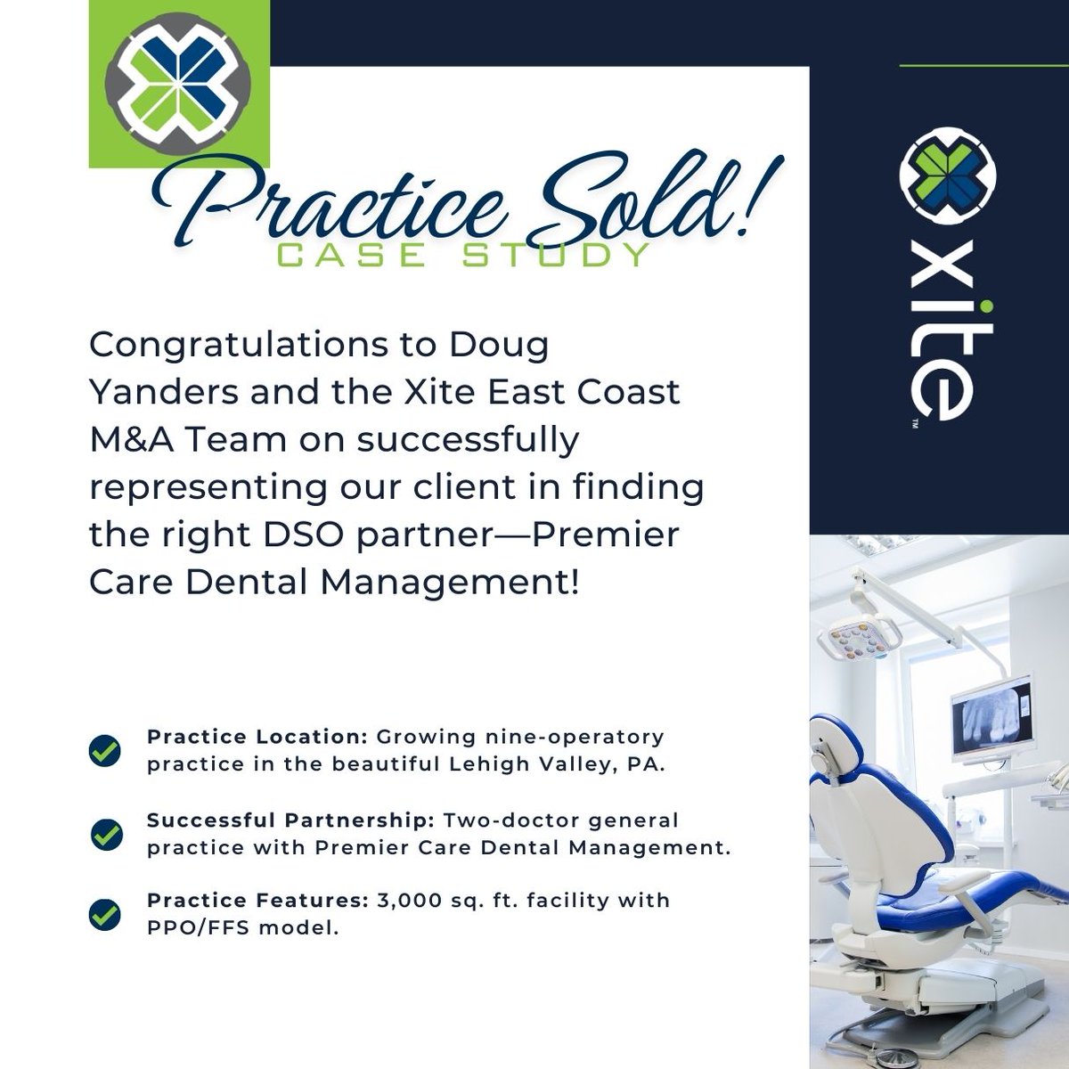 XiteRealty's tweet image. Congratulations to Doug Yanders and the Xite East Coast M&amp;amp;A Team on successfully representing our client in finding the right DSO partner—Premier Care Dental Management! 

What can Xite do for you? -&amp;gt; ow.ly/4smT50TBpiV

#xitepracticesales #practicetransitions