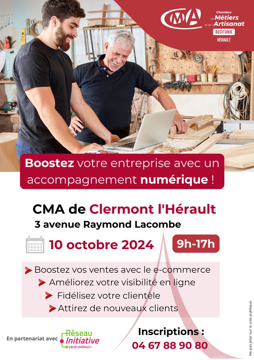 🚀 Entrepreneurs de #ClermontlHérault, le 10 octobre, boostez vos ventes avec le e-commerce et améliorez votre visibilité en ligne ! Ateliers pratiques, conseils personnalisés avec <a href="/CMA_HERAULT/">CMA34</a> et Réseau Initiative Cœur d'Hérault.
📍 Gratuit, sur inscription : 04 67 88 90 80 /