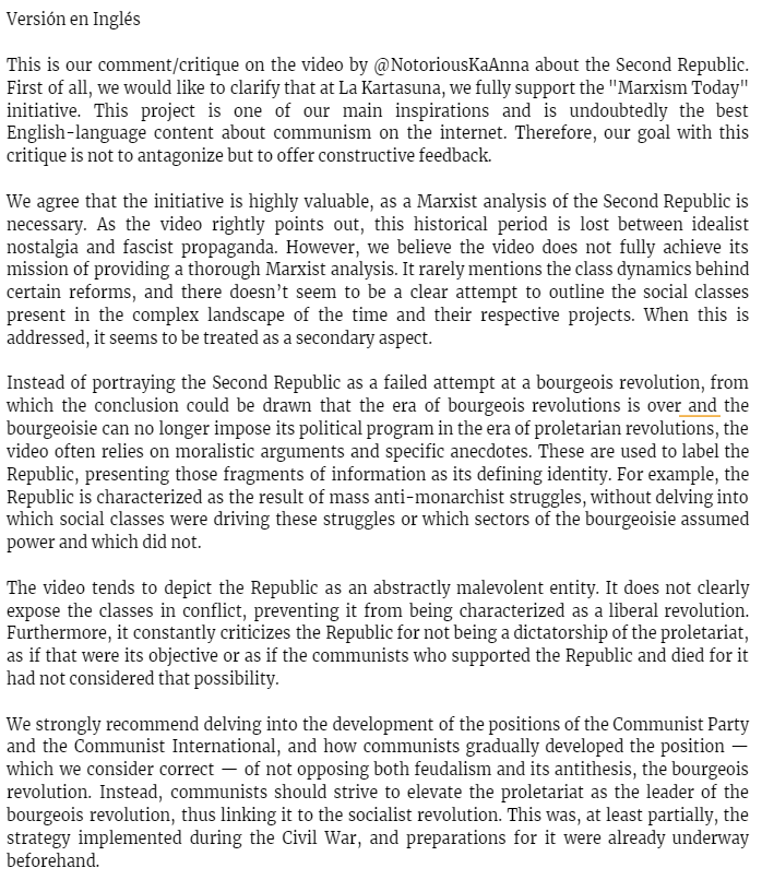 kartasuna's tweet photo. Este es nuestro comentario/crítica sobre el video de @NotoriousKaAnna acerca de la Segunda República. En Español (dos primeras imágenes) y el mismo texto en inglés (dos últimas imágenes).

In Spanish (first two images) and the same text in English (last two images). https://t.co/UdljZuSl4K