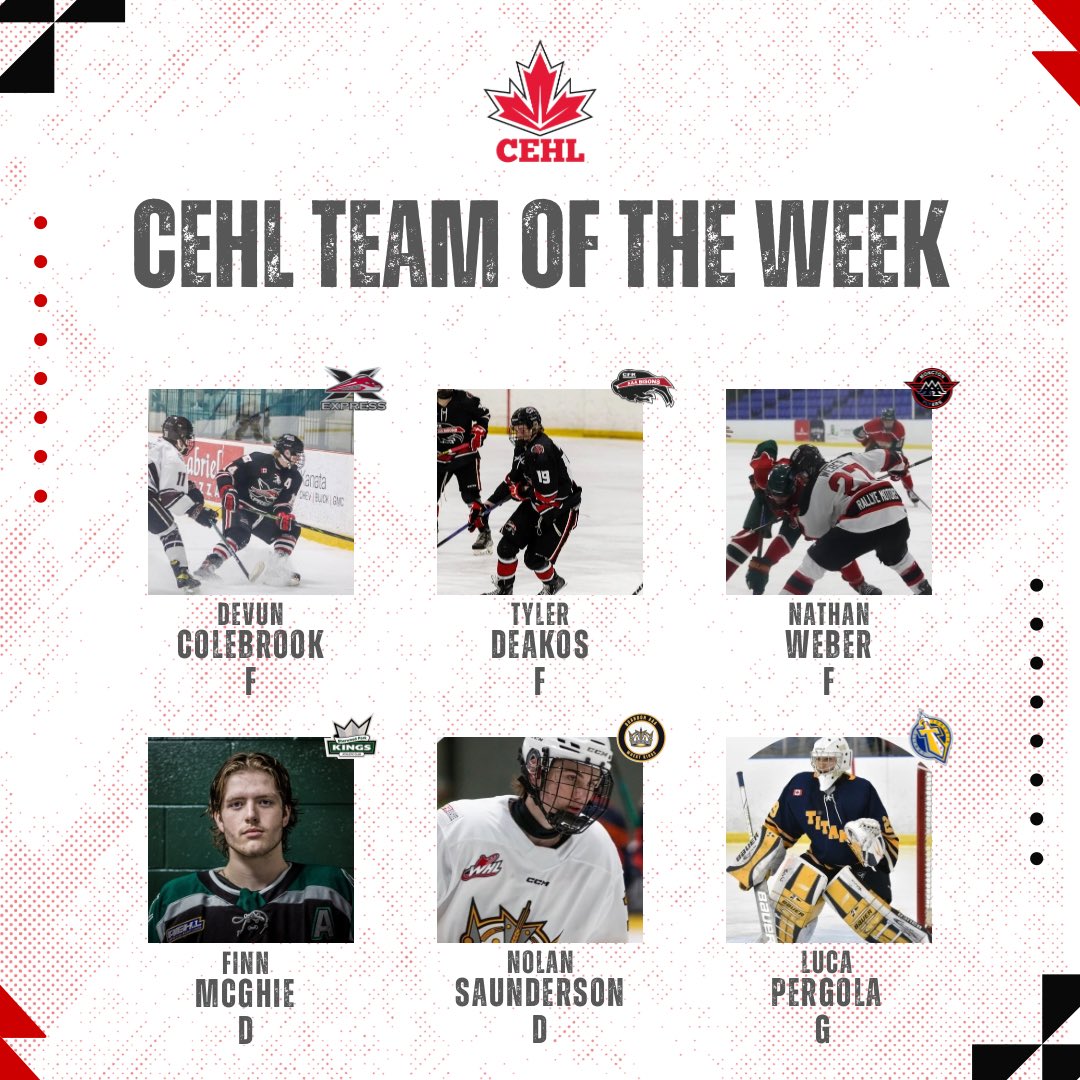 CEHL_u18 (@cehl_u18) on Twitter photo CEHL Team of the Week for September 23-29! It was opening weekend for a lot of teams across the country and these players did not disappoint!
<a href="/YSExpress/">York Simcoe Express</a>
<a href="/BisonsAAA/">U18 AAA Bisons</a>
<a href="/MonctonFlyers/">Moncton Major U18 Flyers</a>
<a href="/3Awheatkings/">Brandon AAA U18 Wheat Kings</a>
<a href="/EnnisKings/">SPKACEnnisKings</a>
<a href="/TitansMidgetAAA/">Toronto Titans Midget AAA</a> CEHL Team of the Week for September 23-29! It was opening weekend for a lot of teams across the country and these players did not disappoint!
<a href="/YSExpress/">York Simcoe Express</a>
<a href="/BisonsAAA/">U18 AAA Bisons</a>
<a href="/MonctonFlyers/">Moncton Major U18 Flyers</a>
<a href="/3Awheatkings/">Brandon AAA U18 Wheat Kings</a>
<a href="/EnnisKings/">SPKACEnnisKings</a>
<a href="/TitansMidgetAAA/">Toronto Titans Midget AAA</a>