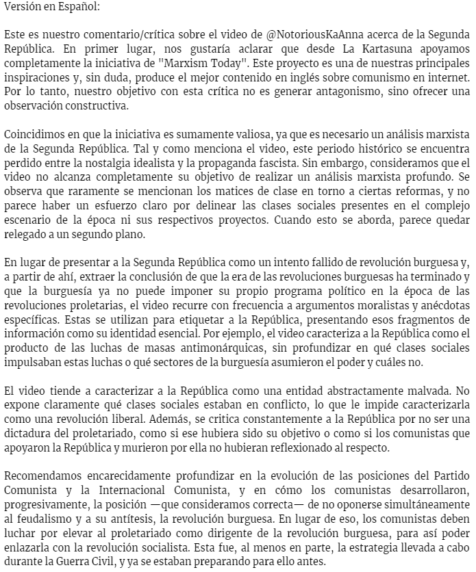kartasuna's tweet photo. Este es nuestro comentario/crítica sobre el video de @NotoriousKaAnna acerca de la Segunda República. En Español (dos primeras imágenes) y el mismo texto en inglés (dos últimas imágenes).

In Spanish (first two images) and the same text in English (last two images). https://t.co/UdljZuSl4K