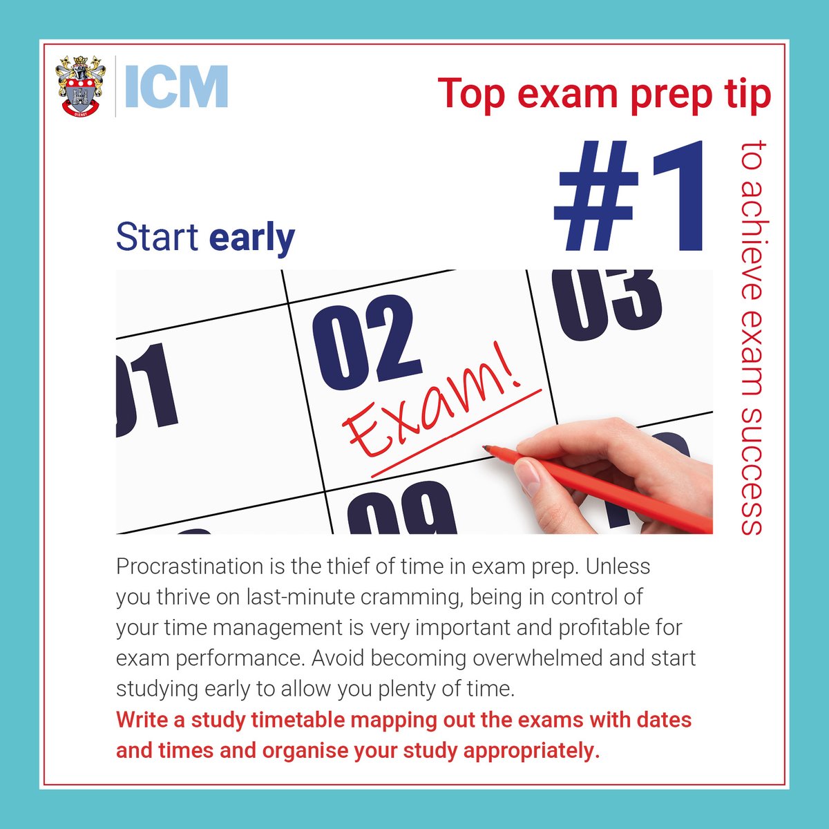 InstituteCM's tweet image. Our next examinations are the upcoming #December2024ExamSeries, starting on 2nd December 2024. Here's our Top Exam Prep Tip #1 - Start early.
#startearly #timemanagement #examprep #avoidprocrastination #studytimetable #exams  #plan #prepare #education #examtips #ICM
@followers