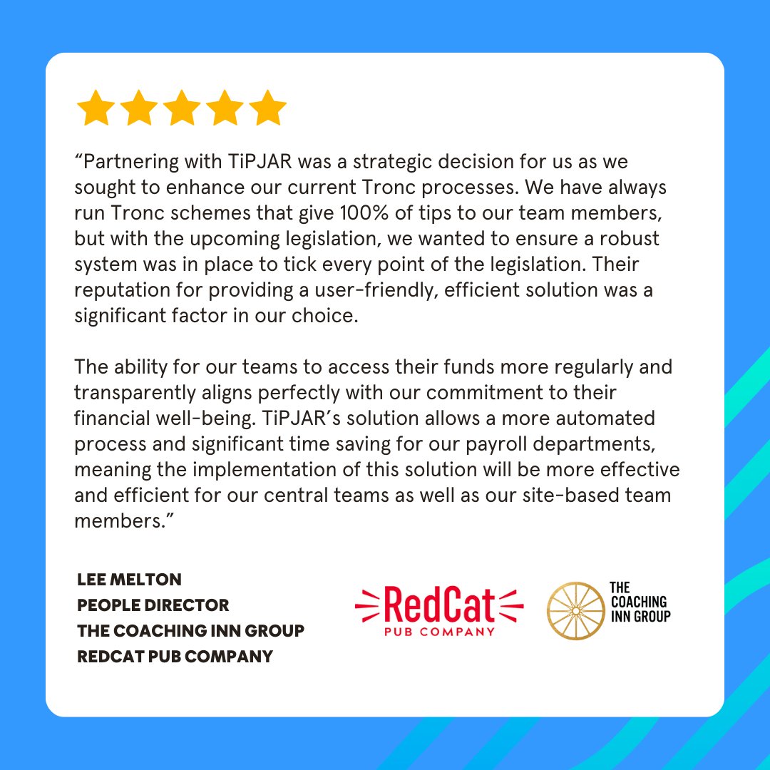 A Strategic Partnership: Coaching Inn Group &amp; TiPJAR

“Partnering with TiPJAR enhanced our Tronc process, ensuring compliance and transparency for our teams. Their efficient, user-friendly solution saves payroll time and supports staff well-being.”

wearetipjar.com/uncategorised/…