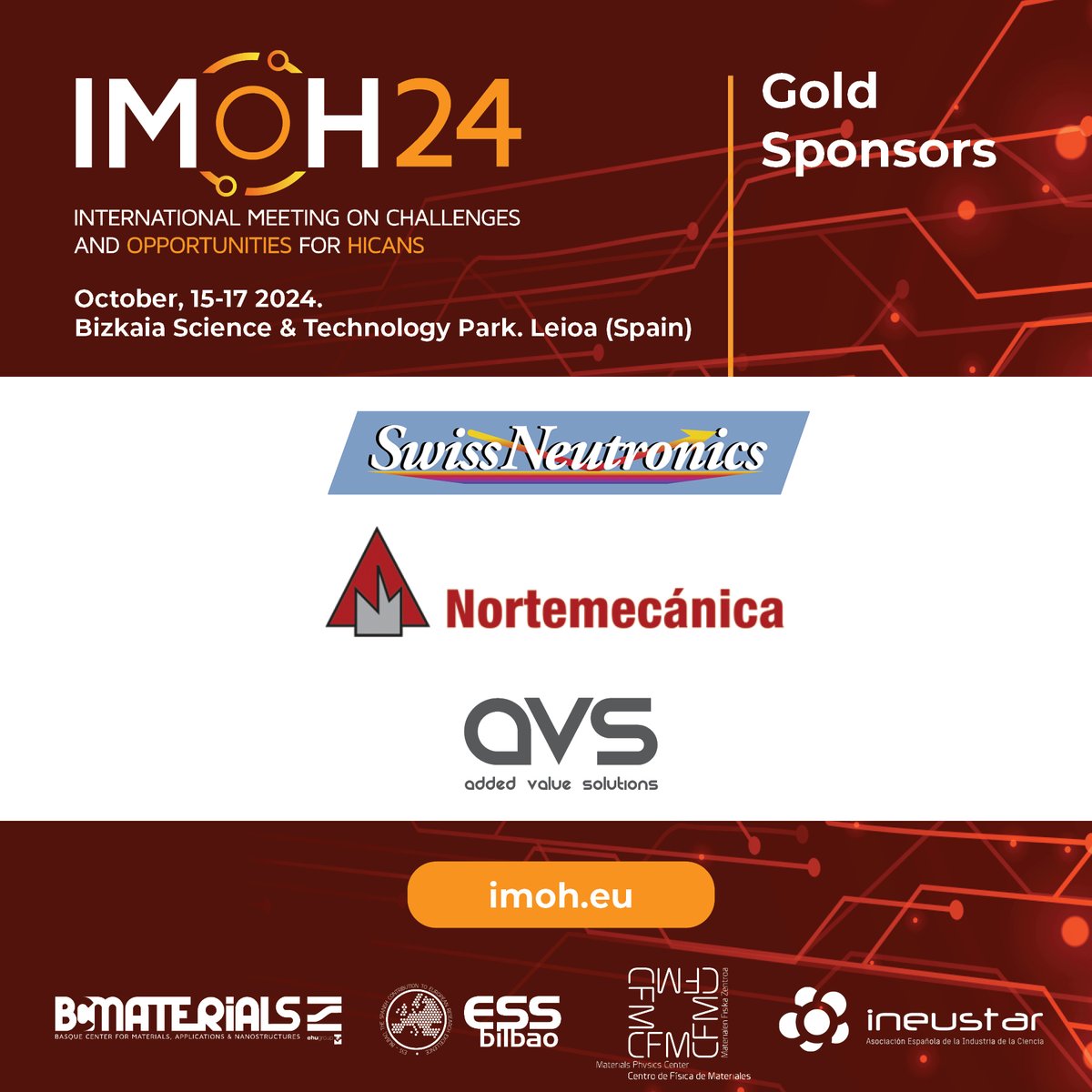 IMoHConference's tweet photo. Great support from national and internationally renowned companies to the 2nd #IMOH2024 meeting. Thanks to our Gold sponsors: Nortemecánica, SwissNeutronics and @avs_engineering for making this meeting possible.
#NeutronScience #NeutronScattering #HiCANS
https://t.co/ktT0ldvtIy https://t.co/QLhUc8yZ84