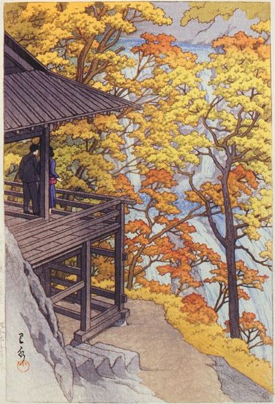 EstherHawdon's tweet photo. "Only lovers see the fall
  a signal end to endings 
 a gruffish gesture alerting 
 those who will not be alarmed
 that we begin to stop in order to begin again."  
      Maya Angelou, Late October

 (images: Hasui Kawase) https://t.co/MU28loho6J