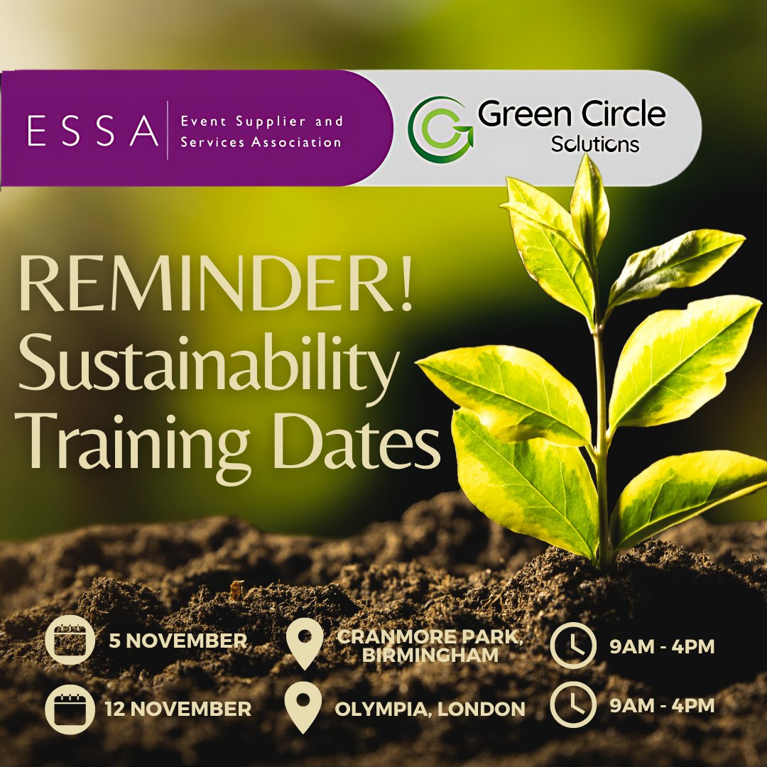 A reminder that ESSA, in collaboration with Green Circle Solutions, will be hosting not one, but two sustainability training days across the UK next month to help support businesses on their sustainability journey! 
Find out more and secure your ticket: essa.uk.com/sustainability…