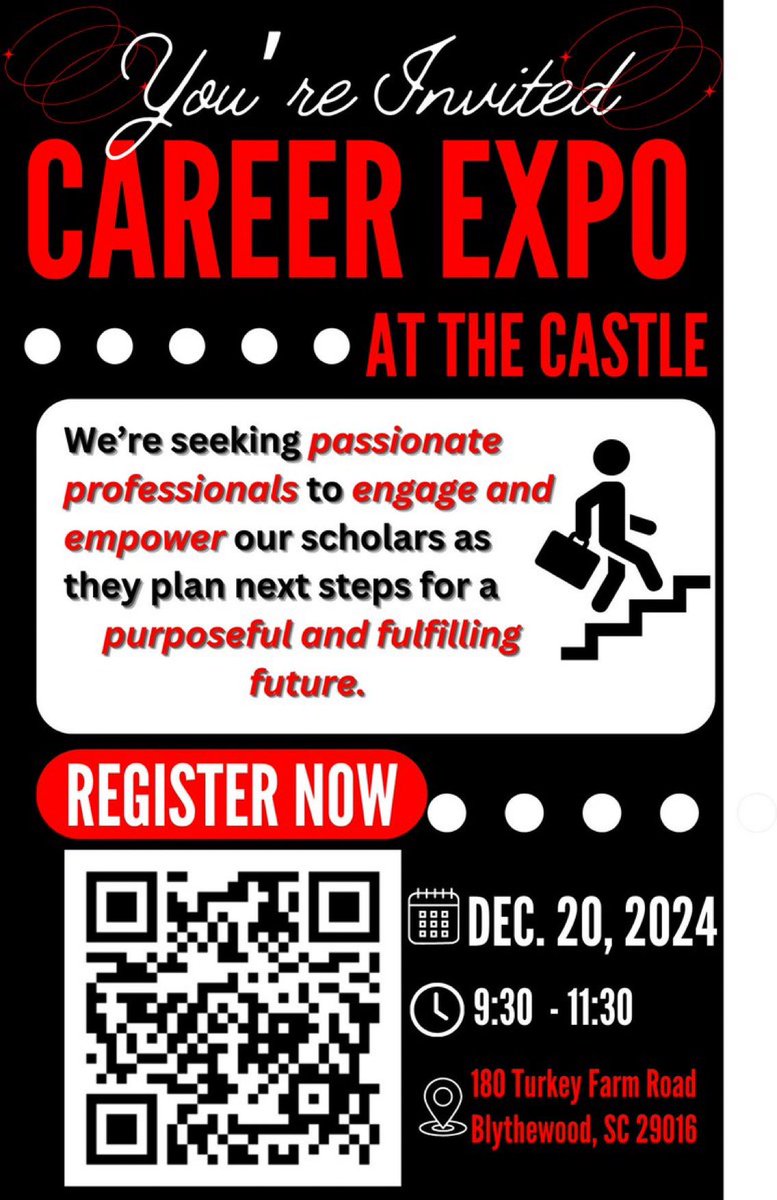 Astephens_WHS's tweet photo. We're gearing up for a Career Expo at the Castle, and you're invited! See the details below, click the QR code, register, and spread the word! We're going #AllTheWayUp with your support! #CCRonPurpose #ExcellenceOnPurpose @RichlandTwo @WHS_Redhawks https://t.co/EwuN6ecn8d