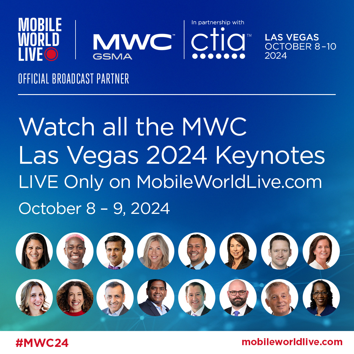 Watch all MWC Las Vegas 2024 Keynotes LIVE on October 8 – 9 with us! 📹

Add to your calendar 👉 mobileworldlive.com/events/mwc-las… 

#MWC24 <a href="/MWCHub/">MWC</a>