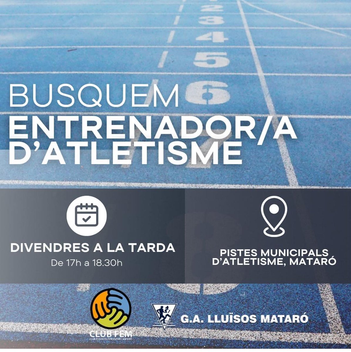 Busquem entrenador/a d'atletisme 
Estàs interessat o coneixes algú que pugui estar-hi.
Contacta amb nosaltres.